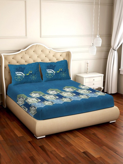 

BELLA CASA Blue & White Geometric 300 TC Cotton 1 King Bedsheet with 2 Pillow Covers