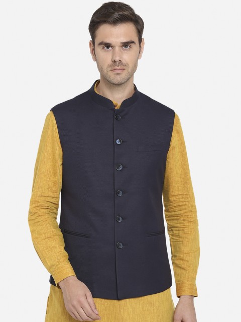 

Greenfibre Men Navy Solid Terry Rayon Nehru Jacket, Navy blue