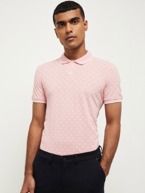 

max Men Pink & White Printed Slim Fit Polo Collar T-shirt