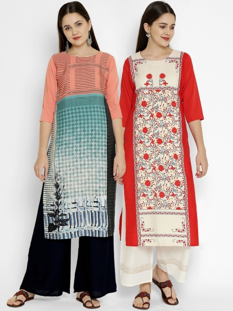 

7Threads Women Pack of 2 Floral Printed Crepe Kurtas, Multi