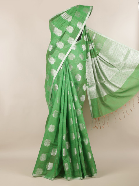 

Pothys Green & Silver-Toned Cotton Blend Woven Design Saree