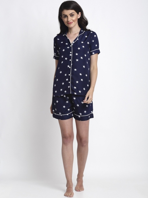

NEUDIS Women Navy Blue & White Printed Night Suit