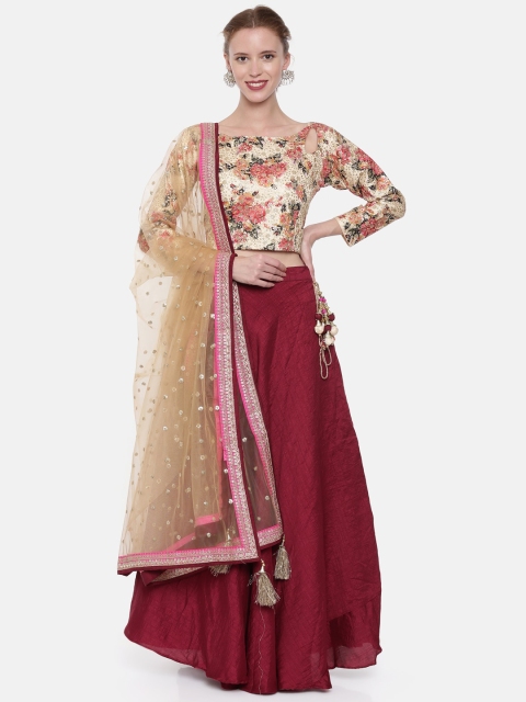 

Neerus Beige & Maroon Embellished Ready to Wear Lehenga & Blouse with Dupatta