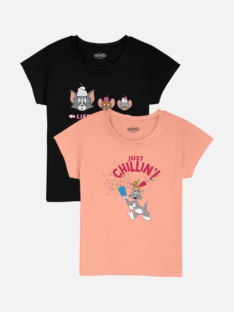 

Kids Ville Girls Pack Of 2 Tom Jerry Printed Round Neck Pure Cotton T-shirts, Peach