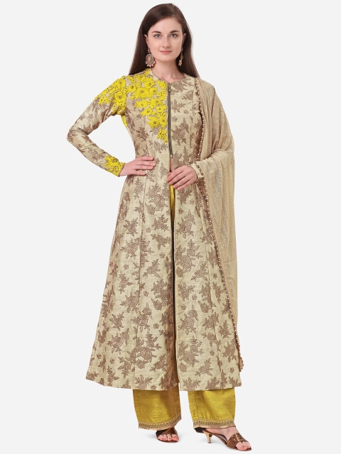

NAKKASHI Beige & Yellow Poly Silk Handloom Semi-Stitched Dress Material
