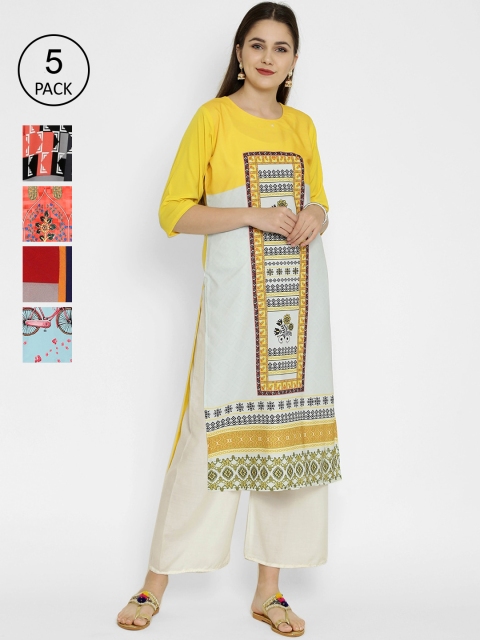 

7Threads Pack of 5 Printed Crepe Straight Kurtas, Multi