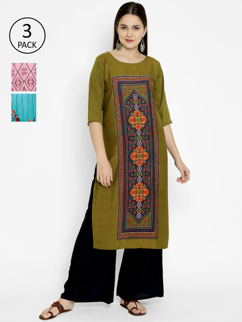 

7Threads Multicoloured Pack of 3 Embroidered Crepe Kurta, Multi