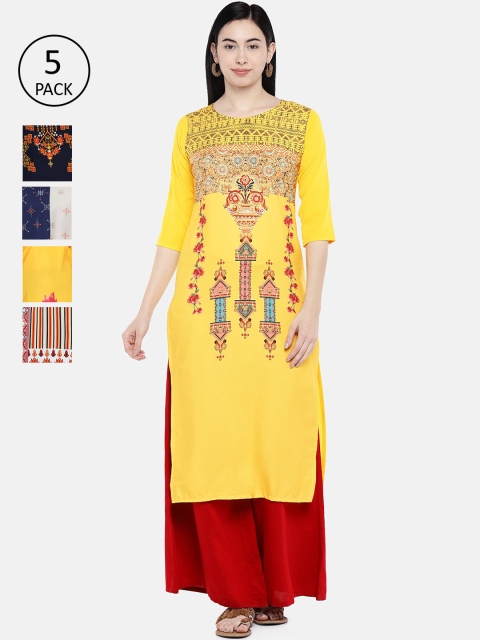 

7Threads Pack Of 5 Digital Printed Crepe Kurtas, Multi