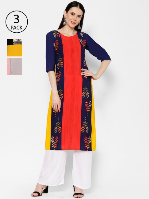 

7Threads Women Multicoloured Set of 3 Colorblocked Straight Kurta, Multi