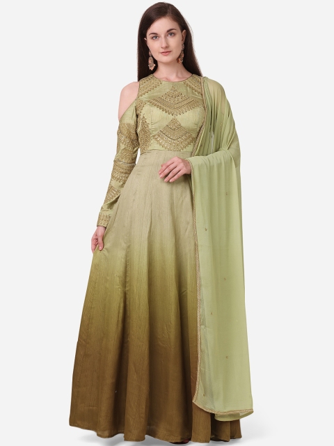

NAKKASHI Olive Green & Gold-Toned Raw Silk Semi-Stitched Dress Material