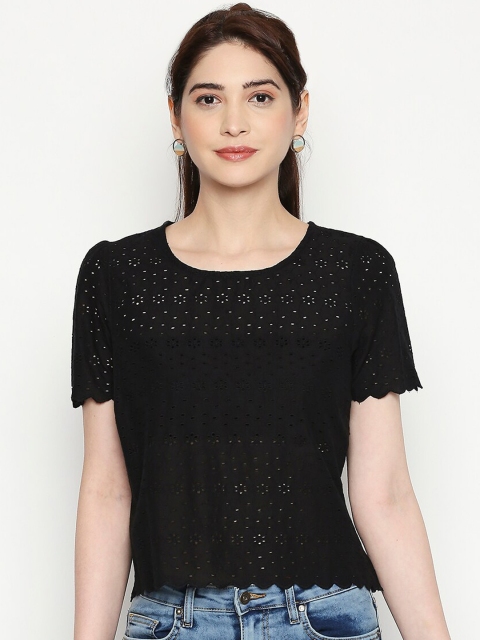 

People Women Black Self-Design Pure Cotton Top