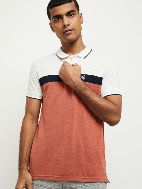 

max Men Orange & White Colourblocked Polo Collar T-shirt