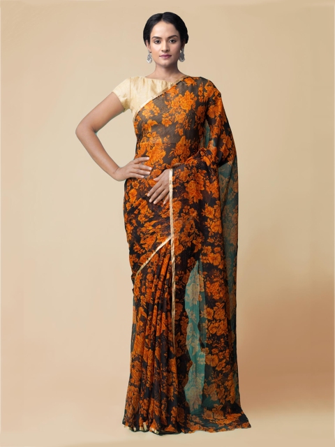 Unnati Silks Black & Orange Pure Chiffon Printed Patola Saree