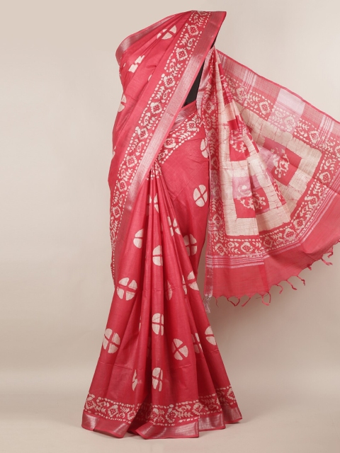 

Pothys Magenta & Off-White Linen Blend Printed Saree