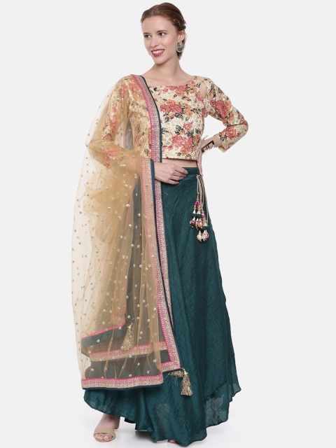 

Neerus Beige & Green Embroidered Ready to Wear Lehenga & Blouse with Dupatta