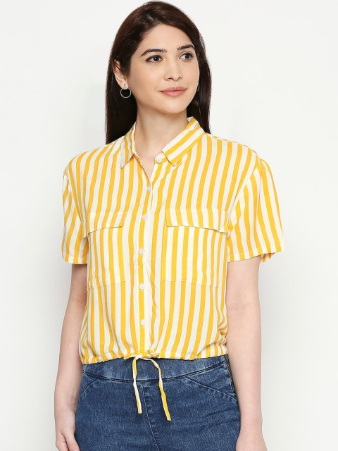

People Women Yellow & White Regular Fit Striped Casual Shirt