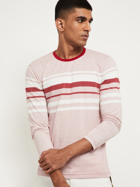 

max Men White & Red Striped Round Neck T-shirt