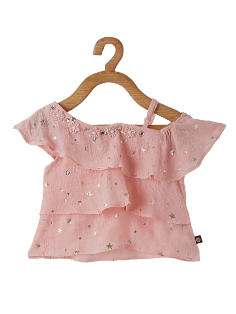 

VITAMINS Girls Peach-Coloured Embellished Flared Sleeves Tiered Top