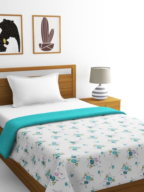 BIANCA White & Turquoise Blue Floral AC Room 300 GSM Single Bed Dohar