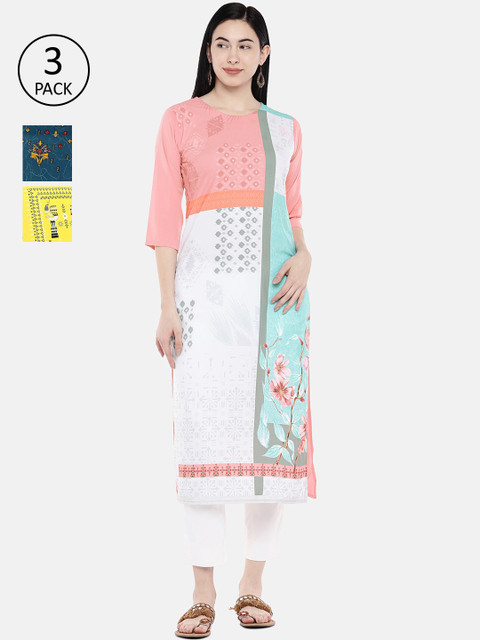 

7Threads Pack Of 3 Printed Crepe Round Neck Regular Sleeves Kurtas, Yellow