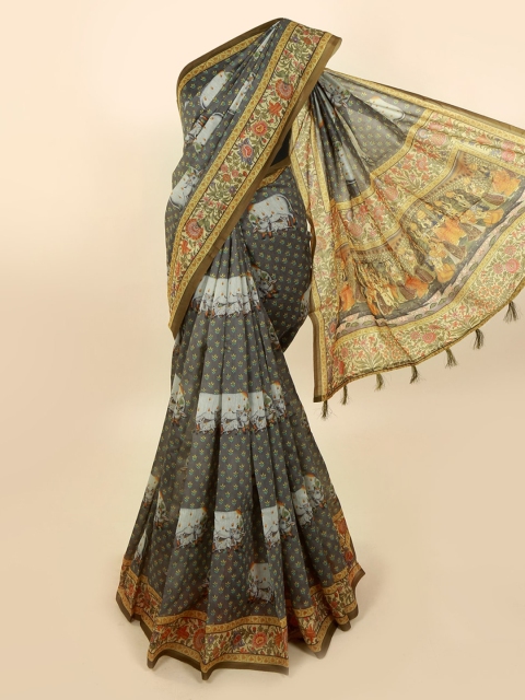 

Pothys Grey Cotton Blend Printed Chanderi Saree