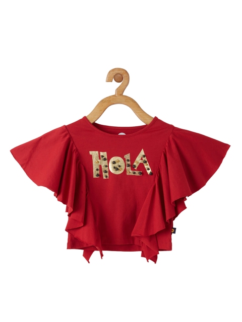 

VITAMINS Red Embellished Cape Sleeves Pure Cotton Top