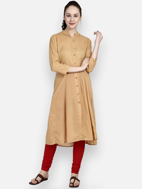 

Molcha Beige Thread Work Dobby Mandarin Collar A-Line Kurta