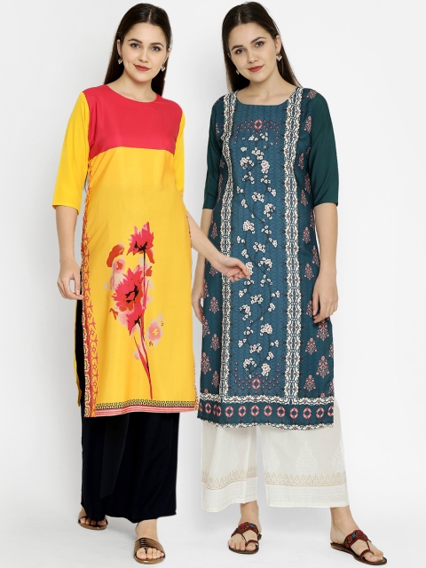 

7Threads Pack of 2 Printed Crepe Kurtas, Yellow
