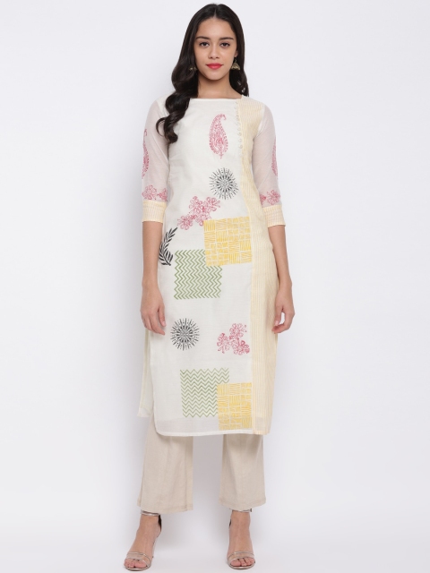 

Shakumbhari White & Pink Paisley Hand Block Printed Chanderi Silk Kurta