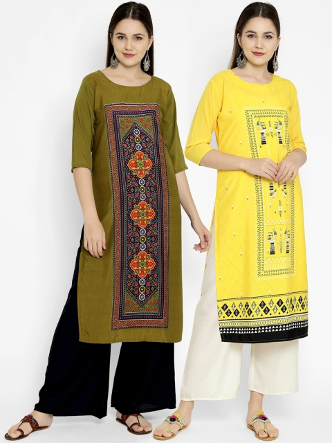 

7Threads Women Pack of 2 Multicoloured Straight Kurtas, Olive