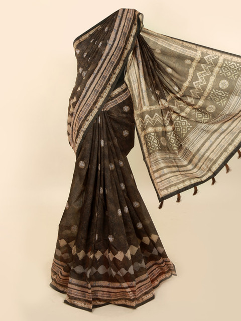 

Pothys Brown Cotton Blend Printed Chanderi Saree