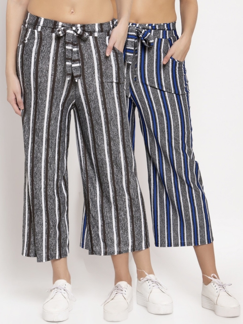 

KLOTTHE Women Pack of 2 Grey & Black Striped Wide Leg Palazzos