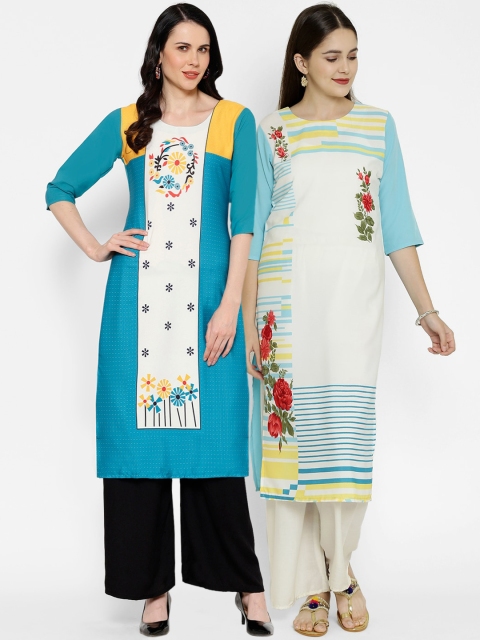 

7Threads Women Pack of 2 Geometric Printed Straight Kurtas, Blue