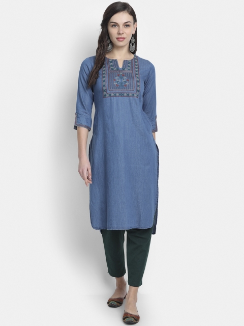 

fabGLOBAL Blue Floral Embroidered Keyhole Neck Thread Work Handloom Kurta