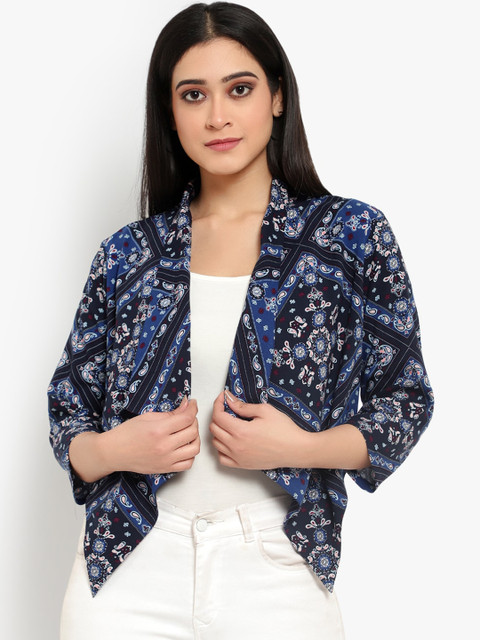 

Ayaany Women Blue & Black Printed Open Front Shrug