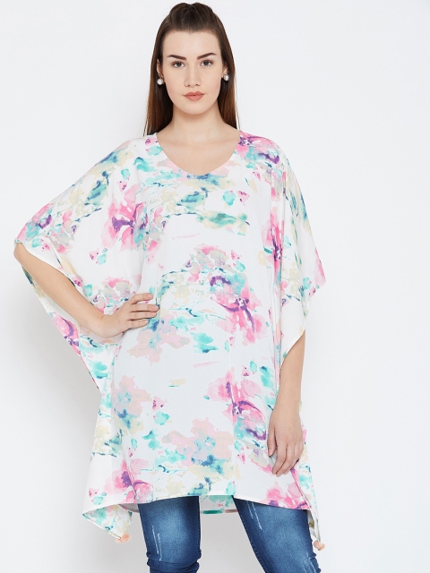 

Ruhaans Cream-Coloured & Green Printed Kimono Sleeves Crepe Kaftan Longline Top