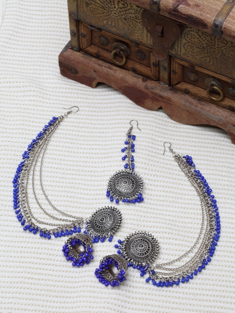 

Shining Diva Oxidised Silver-Toned & Blue Beaded Jewellery Set