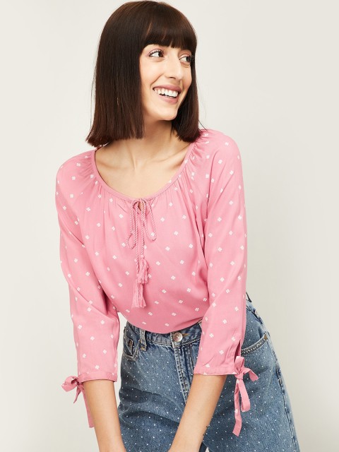 

Fame Forever by Lifestyle Pink & White Floral Printed Tie-Up Neck Top