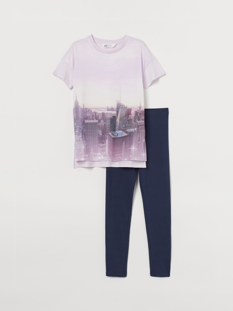 

H&M Girls Purple & Navy Blue 2-Piece Printed Set
