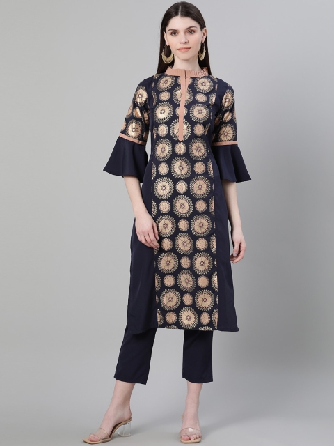 

ZIYAA Navy Blue Ethnic Motifs Foil Printed Flared Sleeves Crepe Kurta