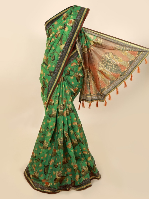 

Pothys Green & Orange Cotton Blend Printed Saree With Tasseled Pallu