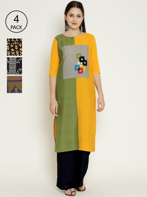 

7Threads Pack of 4 Printed Crepe Kurtas, Yellow