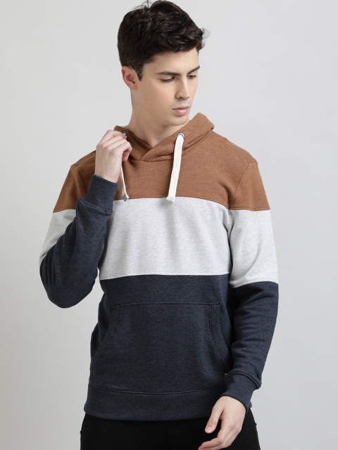 

UrGear Men Navy Blue & Brown Colourblocked Hooded Sweatshirt