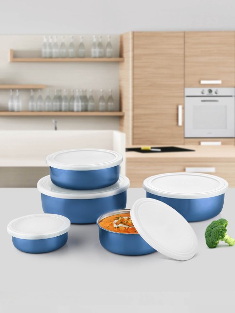 

Jensons Set Of 5 Blue & White Stainless Steel Food Storage Bowls With Lid