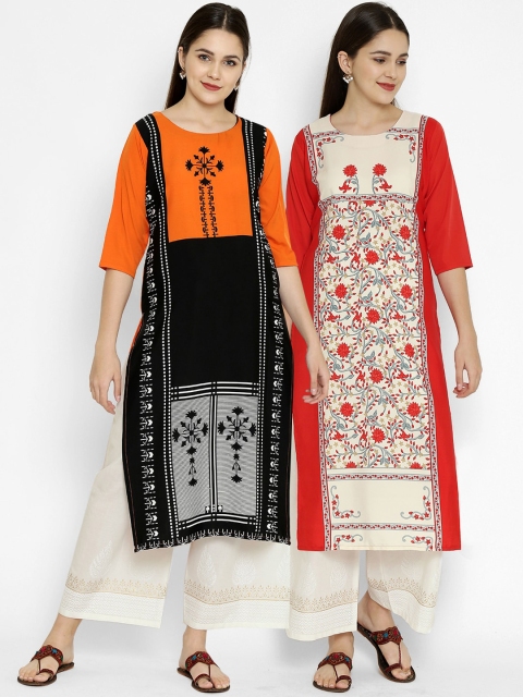 

7Threads Multicoloured Floral Printed Crepe Kurta (Pack of 2), Multi