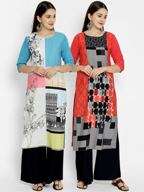

7Threads Pack Of 2 Printed Crepe Round Neck Regular Sleeves Kurtas, Black