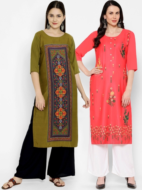 

7Threads Multicoloured Floral Printed Crepe Kurta (Pack of 2), Multi