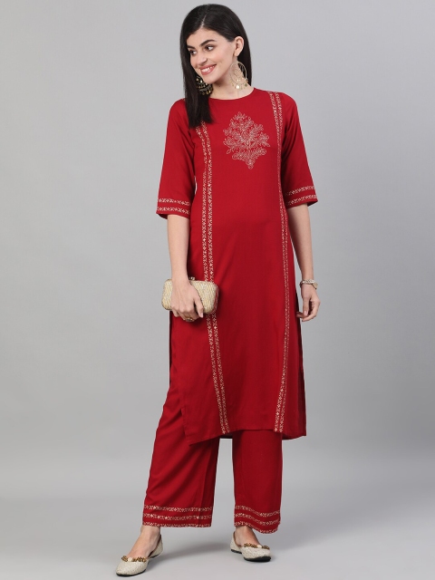 

Nayo Women Maroon & Gold-Toned Printed Kurta with Palazzos