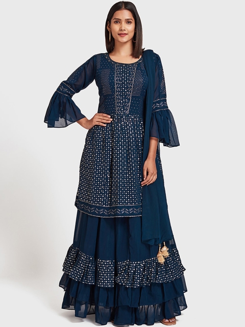 

Neerus Women Navy Blue Self Design Kurta with Skirt & Dupatta