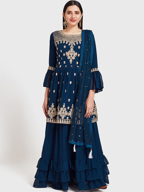 

Neerus Women Navy Blue & Beige Embroidered Kurta with Sharara & Dupatta